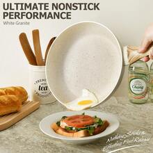 Set de 3 Sarténes Antiadherentes Blancas: Tamaños 20cm (7.87"), 24cm (9.5") y 28cm (11") – Mango Antiescalda, Ideal para Amantes de la Cocina y Hogares Modernos en Desayunos y Cena Diaria - Beis - Ver 7