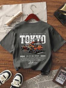 夏季新款简约时尚趣味赛车印花休闲圆领白色短袖T恤百搭适合女性 - 深灰色 - 查看 2