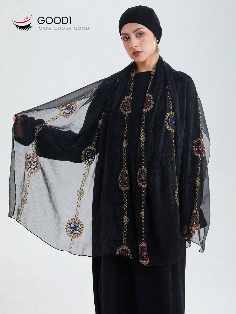 1 pieza Chal con estampado floral y unicolor, de doble capa con volantes en los bordes, versátil como cubierta de vestido, pañuelo de cabeza ligero y transparente, estilo bohemio - Ruedas negras - Ver 1