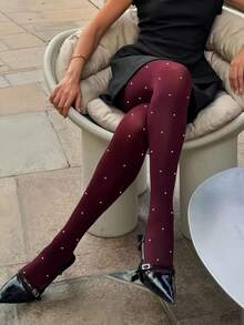 1条女士100D柔软优雅波点针织高弹力打底裤，休闲日常穿着，舒适保暖 - 酒紅色 - 查看 3
