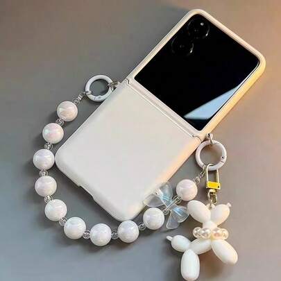 Minimalist Leather Folding Phone Case With Faux Pearl Bracelet And Dog Charm, Compatible With Samsung Galaxy Z Flip3 5G/Galaxy Z Flip 4 5G/Galaxy Z Flip 5 5G/Galaxy Z Flip 6 5G/Galaxy Z Flip 7 5G, Ultra-Thin And Stylish Folding Phone Case