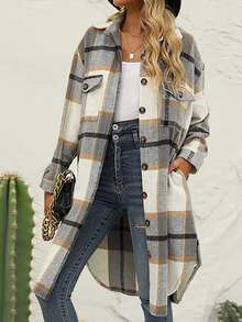 Chaqueta casual de mujer con botones y manga larga a cuadros, otoño