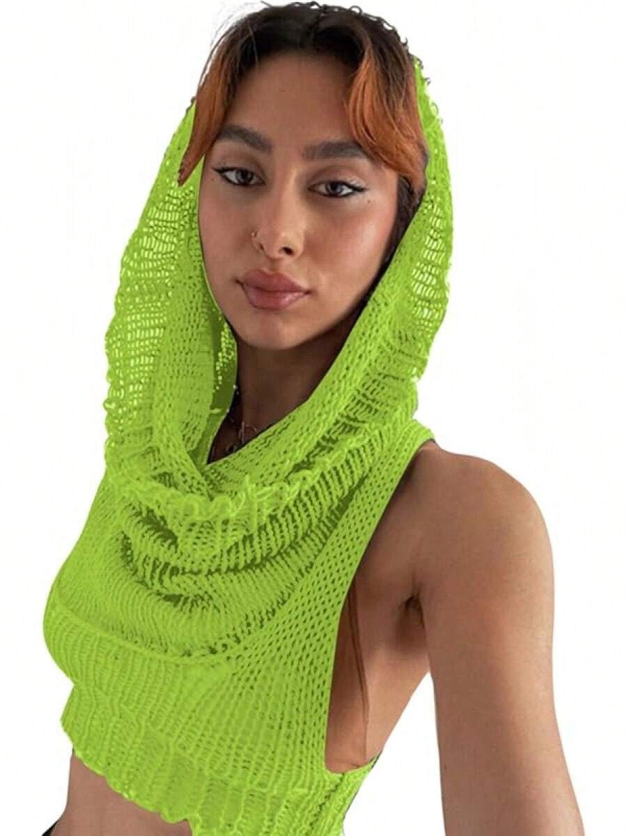 Women Knitted Hoodie Sweater Vest Sleeveless Hollow Out Hooded Crop Top Streetwear Rave Oufit - 霓虹綠 - 查看 1