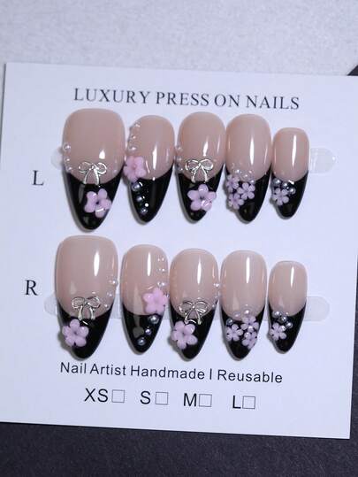 10pcs Almond Black & Nude Color Block French Style 100% Handmade Press On Nails With Tiny Flower Nail Decoration False Nail Tips Reusable Manual Nails For Four Seasons Women And Girls DIY Nail Products