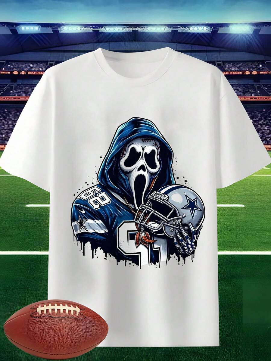 100 Percent Cotton Football T Shirt With Ghost Face Design For Men And Women Sports Graphic Tee Shirts Team Spirit Wear Athletic Apparel Top Quality Comfortable Fit - trắng - Xem 1