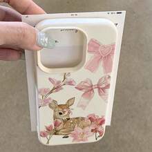 Pink Bow TPU Material 1pc Pink Bow Deer Lily Flower Pattern Phone Case Compatible With IPhone/ Phones Spring Gift Anniversary,International Version, Not The Domestic Version - White - View 4
