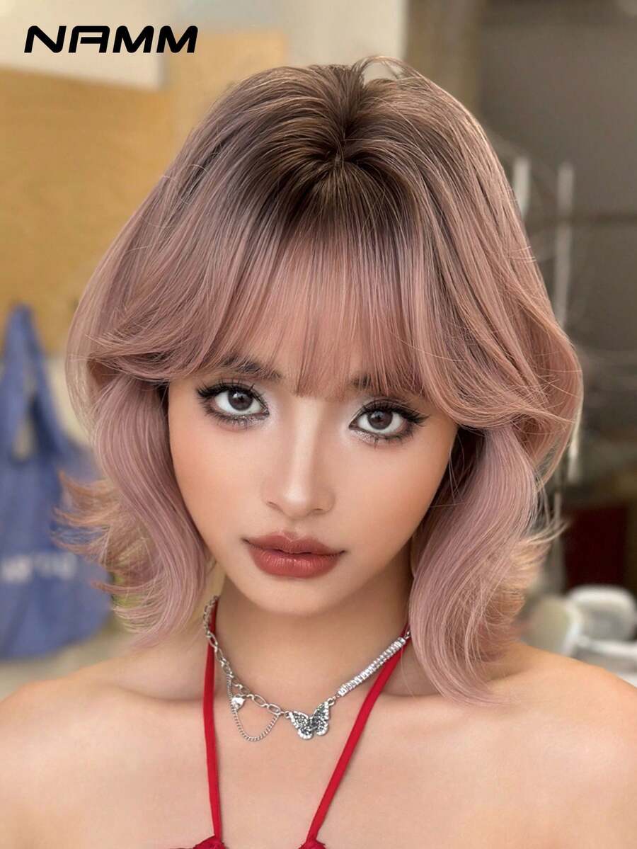 NAMM 12 Inch Short Curly Wigs For Women - Modest Fashion Wave Wig Curtain With Bangs, Ombre Rose-Golden ,Dark Roots Soft Silky Heat-Resistant Synthetic Fiber Wigs For Daily Use, Perfect For Holidays Music Festivals Celebrations-Sakura Celebrations Glam & Party Street Wear Photography Use