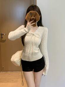 V-Neck Splicing Collegiate Style Cable Knit Sweater Top, Autumn/Winter, Korean Style - Apricot - View 2