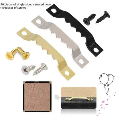 单面锯齿画架挂钩套装，相框挂钩，小号锯齿相框挂钩，20个单面锯齿挂钩+40个螺丝 - 家居装饰配件，坚固耐用，易于安装。适用于悬挂图片、钟表、绘画作品、艺术品和相框。