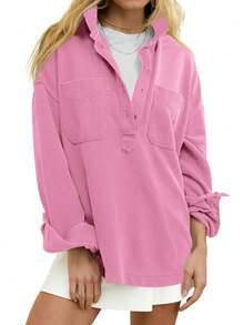 Fisoew Women Oversized Sweatshirt Long Sleeve Henley V Neck Pullover Top Fall Winter Cozy Loungewear Casual Streetwear Soft Y2K Vintage Blouse - 粉紅色 - 查看 1