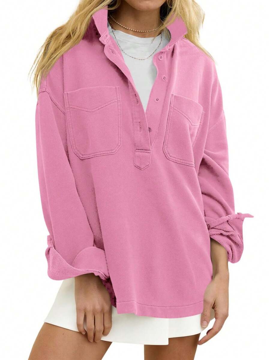 Fisoew Women Oversized Sweatshirt Long Sleeve Henley V Neck Pullover Top Fall Winter Cozy Loungewear Casual Streetwear Soft Y2K Vintage Blouse - 粉紅色 - 查看 1