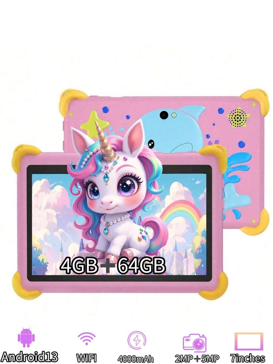 4GB RAM + 64GB ROM / Tableta de 7 pulgadas / Quad-Core 1.3GHz / Android 13 MTK8321 / Pantalla IPS HD 1280x800 / Cámara 2MP + 5MP / Batería grande de 4000mAh / Compatible con WiFi, control parental, educación y juegos