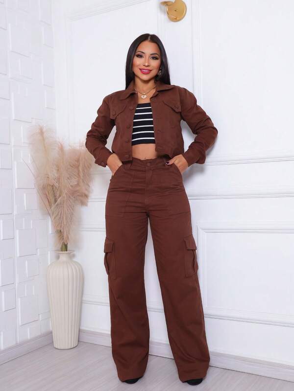 Conjunto Jaqueta Cropped Calça Wide Leg