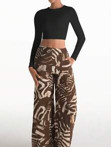 XLLAIS Small Round Neck Long Sleeve Fitted T Shirt Elastic Double Layer Crop Women Tops Fall Winter Clothes - Black - View 4