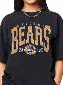 Vintage Chicago Sweatshirt Vintage Bears Unisex Shirt, American Bootleg, Oversized Short Sleeve Classic Heavy Cotton Shirt Printed Graphic Tee Women's Casual Short-Sleeved TopSports Short Sleeves - 黑色 - 查看 1