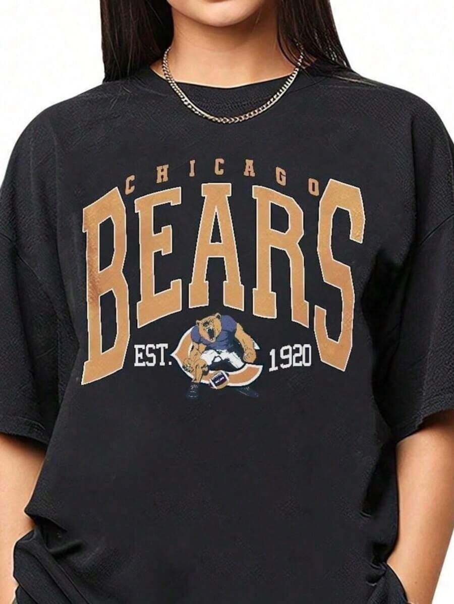 Vintage Chicago Sweatshirt Vintage Bears Unisex Shirt, American Bootleg, Oversized Short Sleeve Classic Heavy Cotton Shirt Printed Graphic Tee Women's Casual Short-Sleeved TopSports Short Sleeves - 黑色 - 查看 1