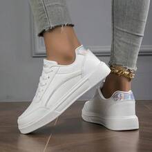 2026 New Women's White Shoes, White Lace-Up Sneakers, Casual Shoes, Flat Sneakers, Korean-Style All-Match Women's Shoes, Women's Low-Top Sneakers, Lace-Up Flat Casual Shoes, Daily Casual Sneakers - White - View 4