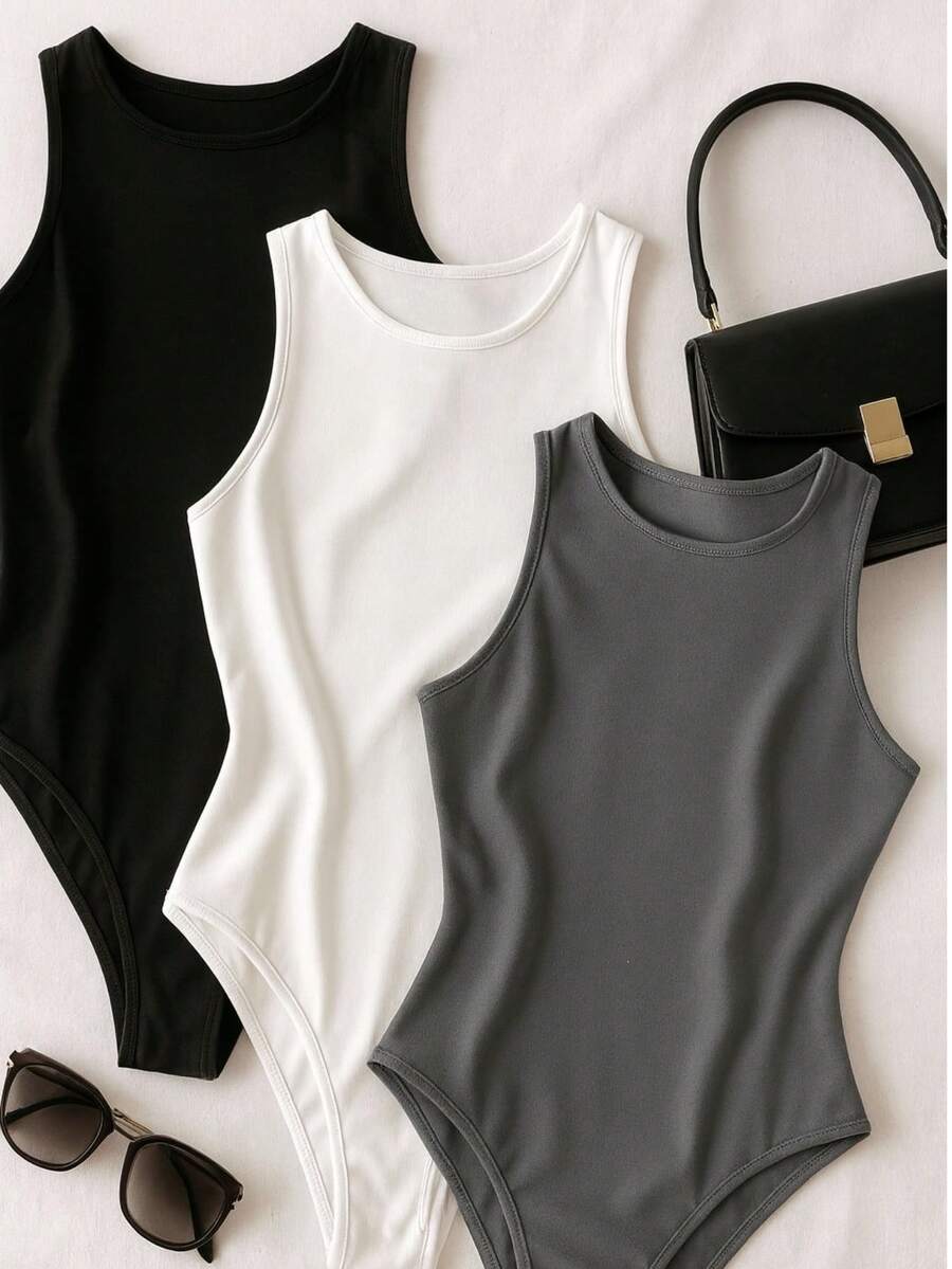 Bori Women's Bodysuit Kit, Bory Tank Top, Versatile, Casual, Closed Back, Second Skin, Basic, Stylish, Various Colors - 黑白 - 查看 1
