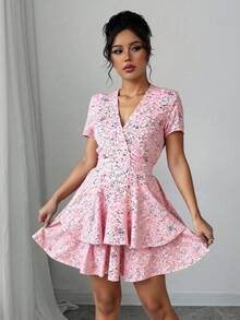 Vestido corto mujer estampado floral y plantas manga corta escote v verano casual día cordon ajustable bajo capas casual vacaciones primavera verano calle fiesta desayuno jardín calor - Rosa - Ver 3