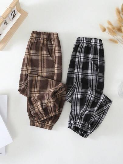 2pcs Young BoyCasual Fashionable Classic Retro Plaid Pattern Loose Comfortable Khaki Brown & Black White Pants, Suitable For Outdoor Sports, Campus, Social Gatherings, Vacation, Spring/Autumn