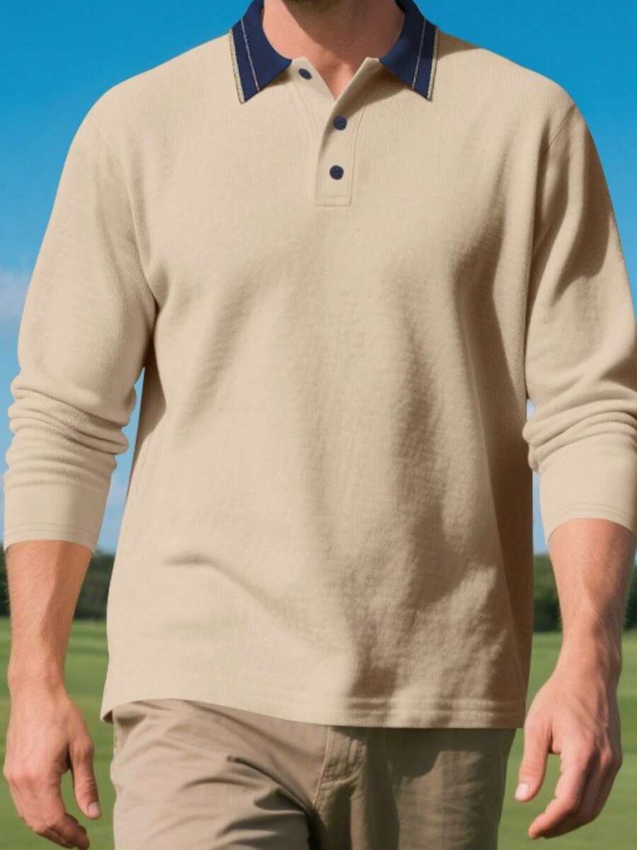 Autumn New Men's Solid Color Lapel Long - Sleeve Polo Shirt, Business Casual Simple Top