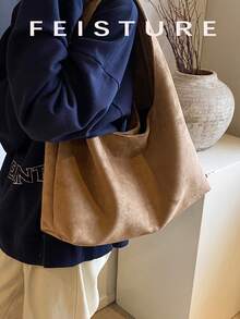 1 件 FEISTURE 绒面革面料大号日常通勤单肩包，时尚宽敞的手提包，带磁扣，适合休闲外出、约会、通勤 - 卡其色 - 查看 4