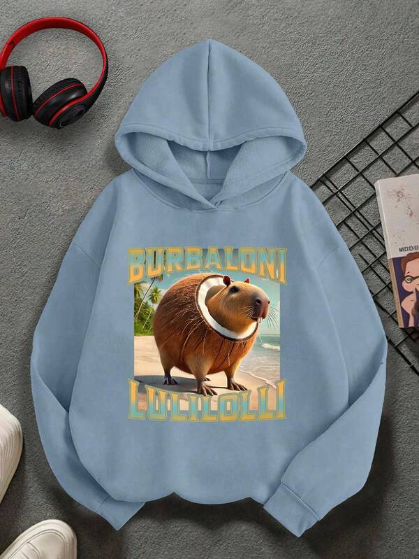 Teens/Kids Oversized Casual Sweatshirt With Abstract AI Coconut Capybara Pattern "ITALIAN BRAINROT" Print, Loose Fit Long Sleeve Top