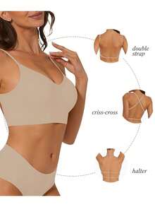 女士无背无缝文胸，夏季无肩带文胸，性感文胸，新娘内衣，3种肩带选择，无缝透气，可调节肩带，轻盈舒适，适合婚礼、正式礼服、吊带裙等场合。 - 摩卡棕 - 查看 3