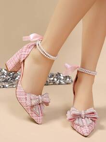 2025秋冬优雅白色仿珍珠蝴蝶结尖头粗跟鞋 - 时尚别致，适合特殊场合、优雅场合、女士高跟鞋、派对装、婚礼装 - 粉色 - 查看 3