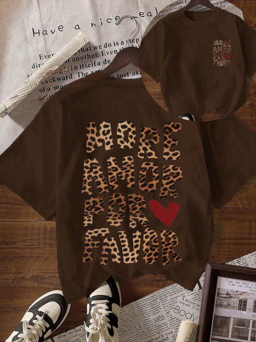 1pc Women Leopard Print & Letter Graphic Short Sleeve T-Shirt, Casual Crew Neck Cute Top, Suitable For Fall Outfits, Back To School Season