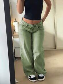 Women's Fashion Casual Straight Leg Jeans, Medium Stretch Fabric - Army Green - View 2