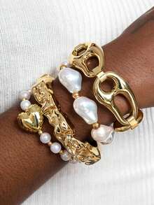 Set de 3 piezas de pulseras de joyería con diseño geométrico de línea hueca con cuentas CCB minimalista, regalo perfecto para uso diario en cualquier ocasión