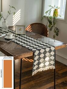 1 khăn trải bàn kiểu Mỹ, họa tiết kẻ caro đen trắng, thiết kế tua rua dệt tay, đa năng cho ăn uống, tiệc tùng, dã ngoại, đạo cụ chụp ảnh, trang trí không gian, phong cách châu Âu - Đen và trắng - Xem 14
