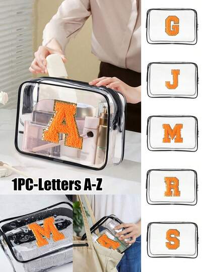 1pc Transparent Pvc Portable Storage Bag With Orange Towel Embroidery Letter A-Z,Large Capacity Makeup Organizer Makeup Case, Waterproof ,Lightweight And Large Capacity,Makeup Bag,Makeup Bag,Makeup Pouch,Cosmetic Bag,Travel Essential,Large Capacity,Large Makeup Bag,Christmas Gifts,Pouch,Travel,Gifts For Women,Women's Necessaire,Travel Essential,Pouch,Clutch / Small Handbag,Necessaire,Makeup Organizer,Makeup Organize,Pouch,Brush Holder,Mini Pouch,Large Capacity Pouch
