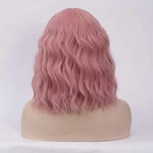 Short Wavy Curly Wig Lovely Pink Bangs Wig Women Cosplay Halloween Wigs Heat Resistant Party Wig (Lovely Pink) - Dark Blue - View 5