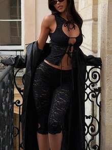 2pcs/Set Sexy Backless Halter Strap Sheer Party Wear, Summer - 黑色 - 查看 1