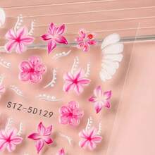 2 Sheets 5D Floral Nail Art Stickers - Pink & White Hibiscus & Butterfly Designs, Self-Adhesive Shimmering Embossed Decals For Summer Nail Art, Luxurious Manicure Decor For Women & Men, Nail Accessories, Elegant Nail Design, Highquality Prints - Hồng + trắng - Xem 7