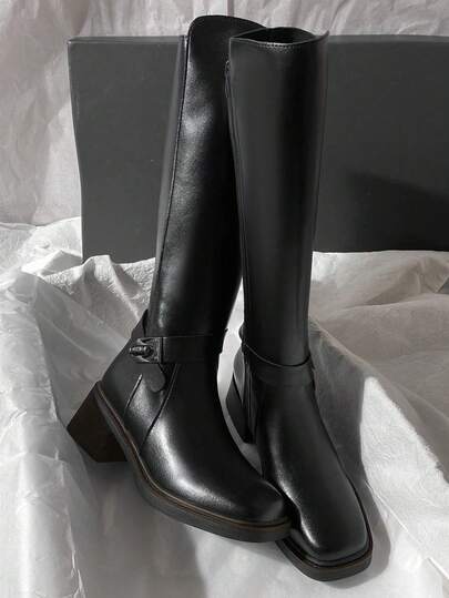 2025秋冬新款中跟仿皮过膝靴，简约摩托骑行风格，百搭女士高筒靴