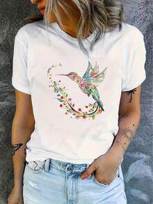 100% cotton Women's Casual Short Sleeve T-Shirt,Elegant Round Neck with Vibrant Hummingbird & Floral Print, Machine Washable All-Season Comfort Fit Top, Ladies T Shirts - Blanco - Ver 1