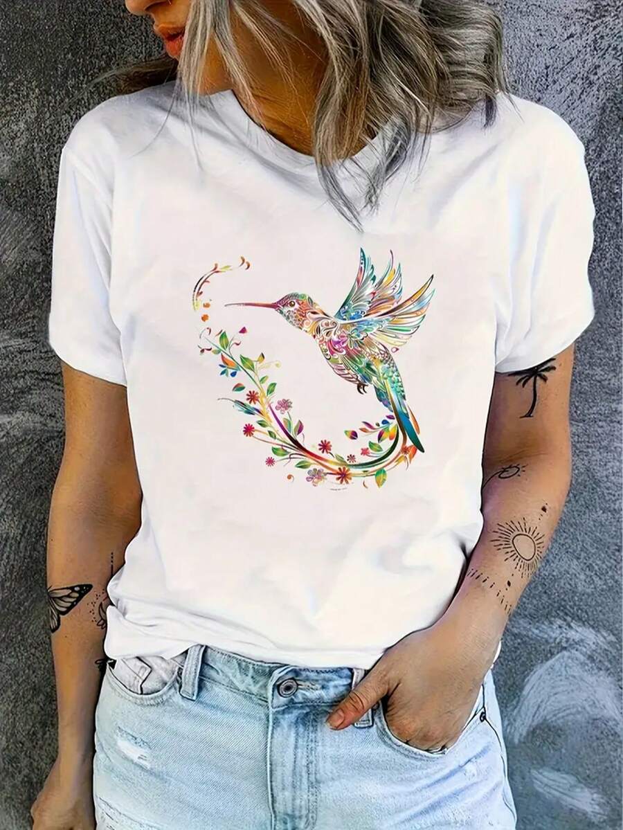100% cotton Women's Casual Short Sleeve T-Shirt,Elegant Round Neck with Vibrant Hummingbird & Floral Print, Machine Washable All-Season Comfort Fit Top, Ladies T Shirts - Blanco - Ver 1