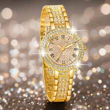 女士腕表，优雅时尚，表壳和表带镶嵌水晶，女士石英表套装，包含配套项链、耳环和手链，适合日常佩戴、生日礼物、返校季礼物、感恩节礼物、情侣礼物，最佳礼品（不含包装盒） - 金色 - 查看 6