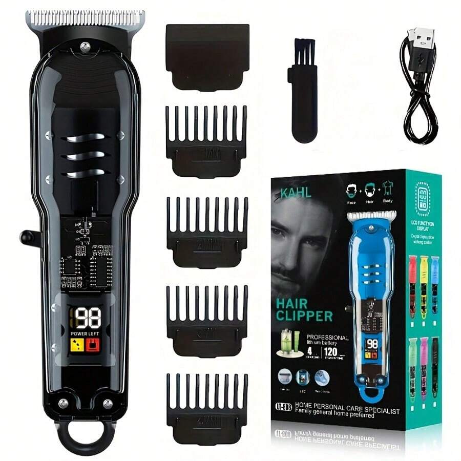 Vintage Transparent Body Men's Hair Clipper | Professional Electric Trimmer With LCD Screen - Hair Cutting & Beard Trimming  Wireless USB Charging  Ideal Valentine's Day Gift For Husband & Dad(Yellow/Green/Red/Black) - 黑色 - 查看 1