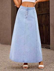 Chân váy xòe chữ A dài bằng vải denim ARWY thời trang nữ, thiết kế cài nút phía trước, chất liệu vải không co giãn, thích hợp mặc hàng ngày - màu xanh nhạt - Xem 3