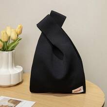 1pc Solid Color Black Lightweight Knitted Crocheted Hollow Tote Bag For Women, Foldable And Portable, Suitable For Casual, Vacation, School And Commute, All Seasons, Mother Day Gifts, Mom Gifts, Mommy's Essentials, Mommy Bag For Going Out - Black - View 8