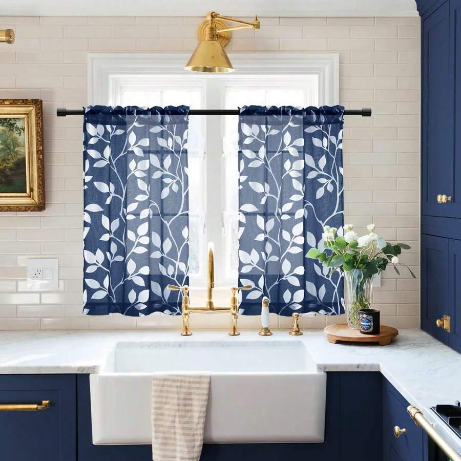 2 Panels  Bathroom Curtains Window Short,Small Window Curtains Treatments For Kitchen,Navy Blue And White - Colorful - View 1