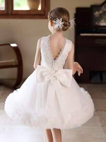 Girls' White Tulle Cake Dress Short Wedding Party Flower Girl Dress - White - View 2