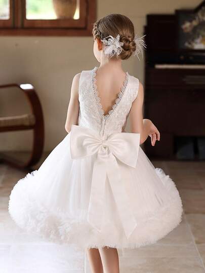 女童白色薄纱蛋糕裙短款婚礼派对花童裙