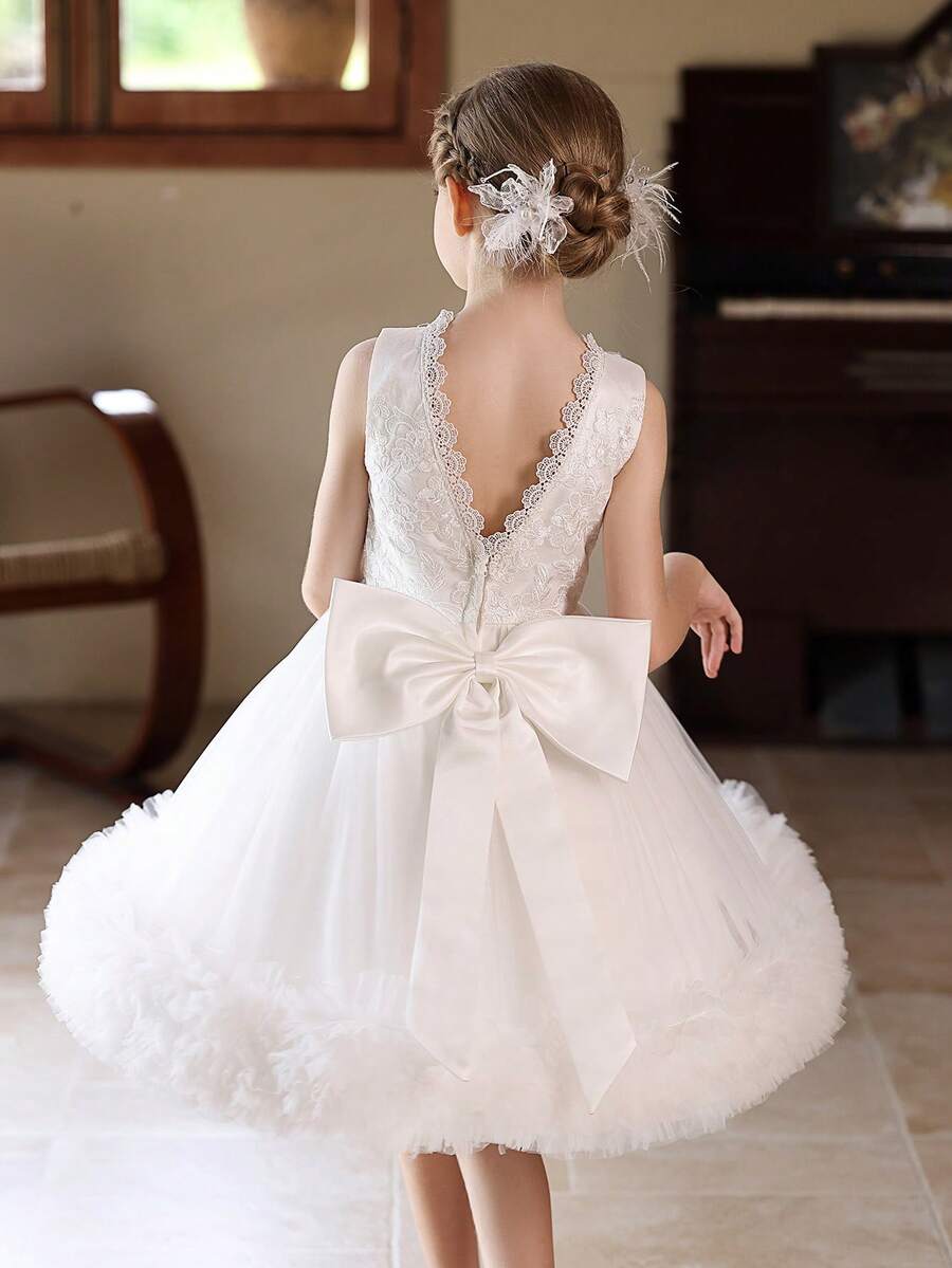 Girls' White Tulle Cake Dress Short Wedding Party Flower Girl Dress