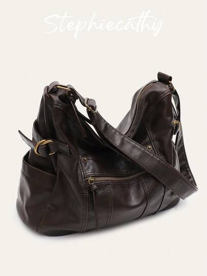 STEPHIECATHY 女士奢华水洗PU皮革单肩包，多功能口袋，拉链封口，可调节长肩带，斜挎手提包，大容量，休闲百搭，适合通勤、日常使用、上学、购物、旅行，男女皆宜，时尚街头风