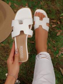 新款女士时尚优雅镂空PU皮沙滩凉鞋，春夏穿搭 - 白色 - 查看 3